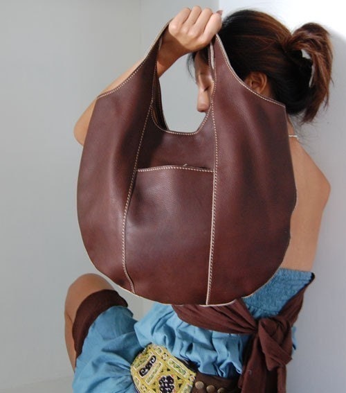 Acorn Brown - Dark Brown  Medium Sized Handmade Leather Hobo Handbag