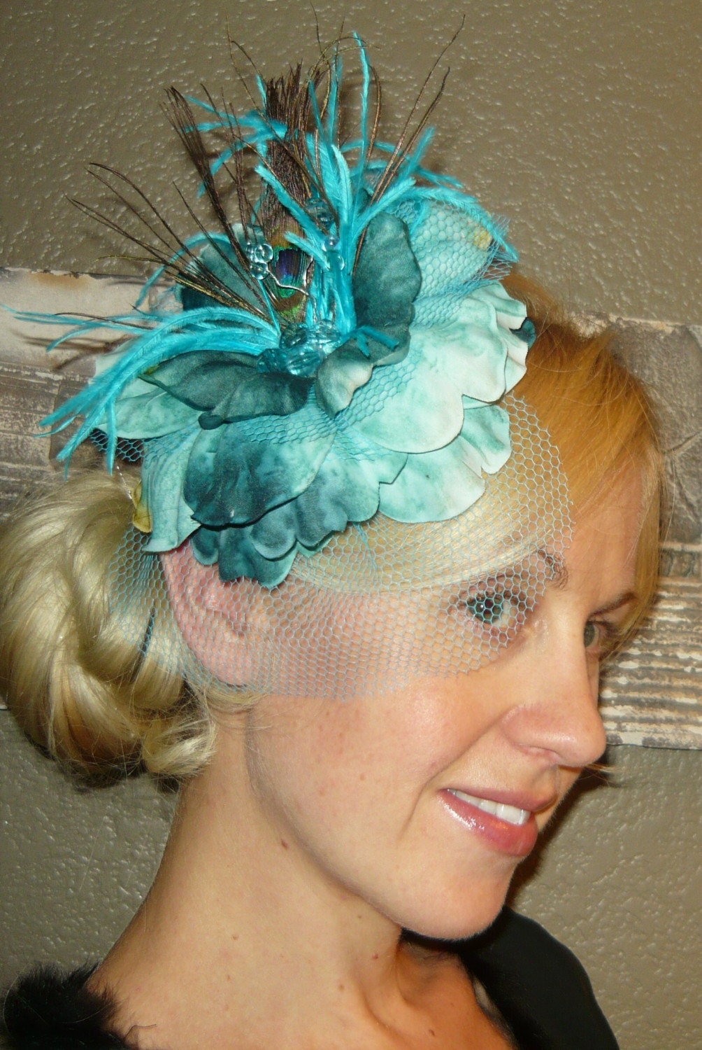 Aqua Flower Fascinator comb or hair clip with Peacock Feathers by starzselection