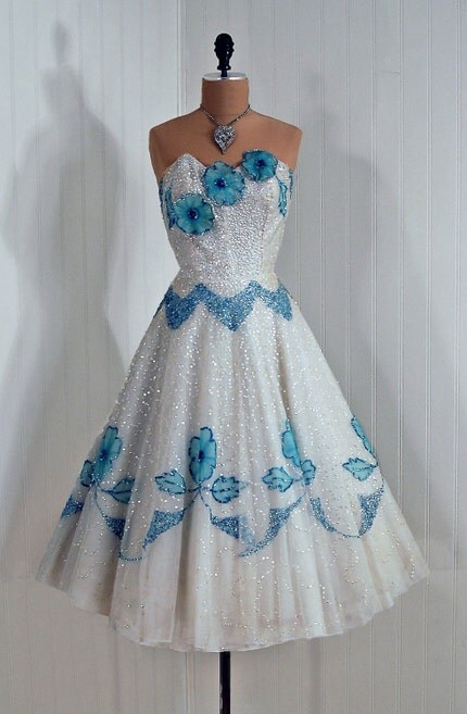 1950's Vintage Strapless Ivory-White and Baby-Blue Heavily-Sequined Tulle Couture Floral-Appliques Princess Bombshell Circle-Skirt Wedding Party Cocktail Dress