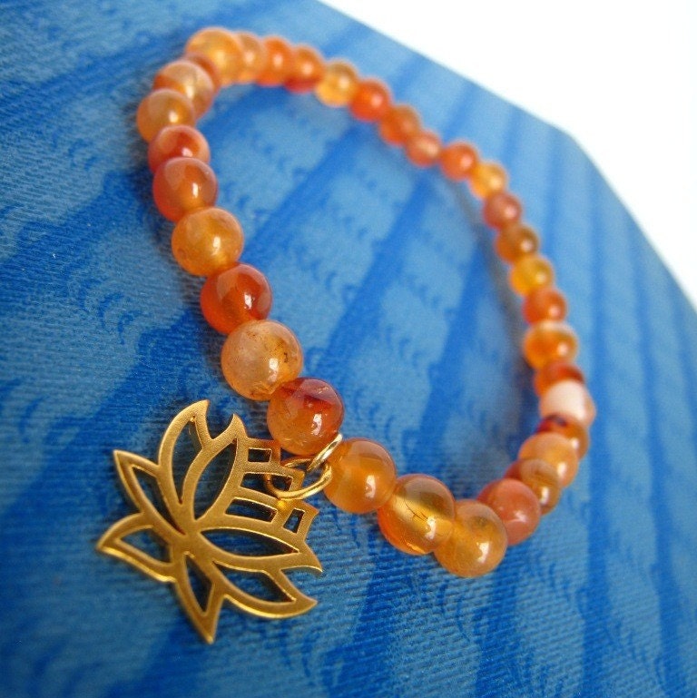 Orange Lotus--stretchy carnelian bracelet with 24 kt vermeil lotus charm