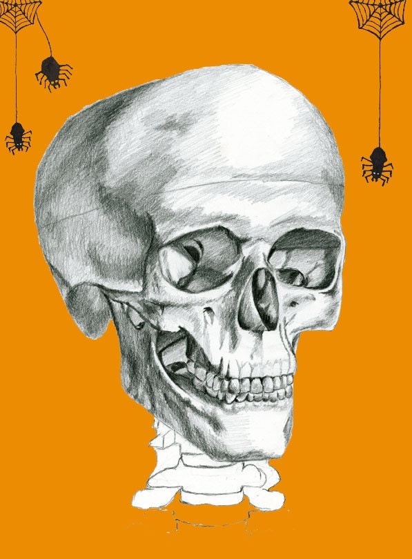 8.5 x 11 Illustration Print - Halloween Skull n' Spider - orange version