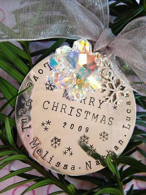 ULTIMATE CHRISTMAS ORNAMENT/GIFT - Hand Stamped Sterling Silver Disc with Large Swarovksi and Sterling Snowflake Charms