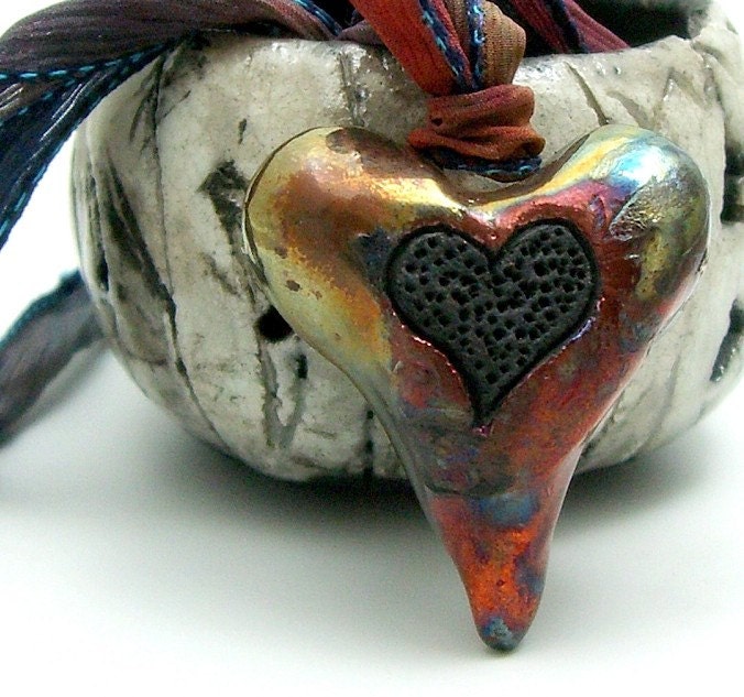 Raku Black Heart Pendant Raku Ceramic Jewelry by MAKUstudio