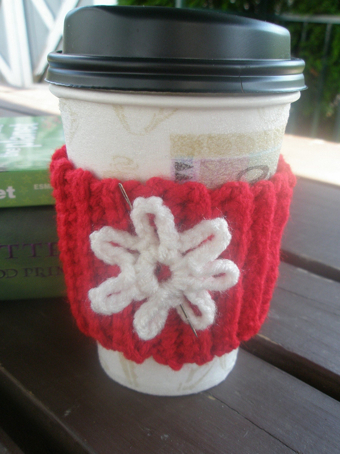 CIJ SALE  Crocheted Coffee Cozy in Cherry Red with white flower