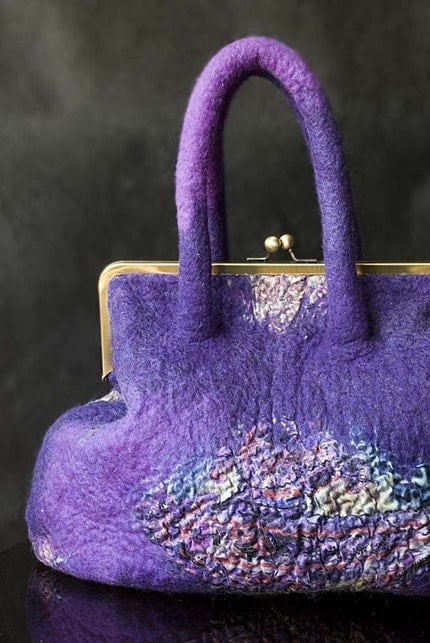 Felt wool violet pink purple nuno silk handbag 'At other end of rainbow'