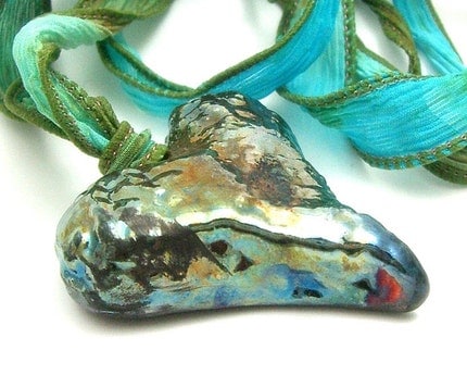 Raku Mediterranean Sea Heart Pendant Raku Ceramic Jewelry by MAKUstudio