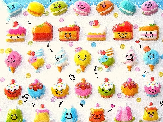 There are many kinds of smiling sweets like cake, macaroon, ice cream, 