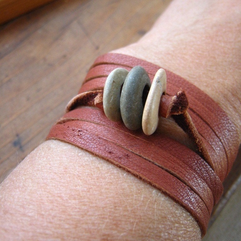 Rocks and Leather wrap -- trio of rocks on butter soft cinnamon colored deerskin suede lace bracelet
