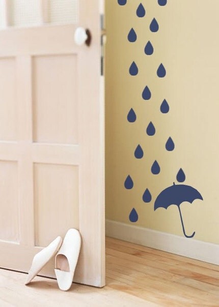 Rain Drops and Umbrella Vinyl Decal Wall Sticker Mural Art Cascading