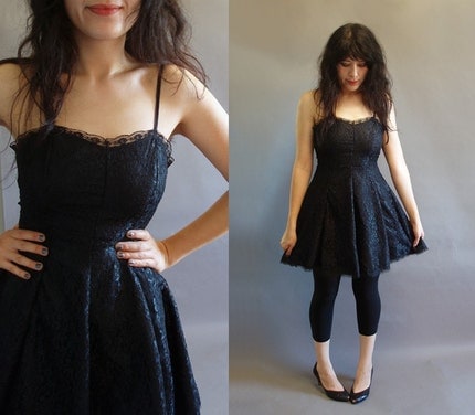 80s vintage black lace mini party dress with a full skirt