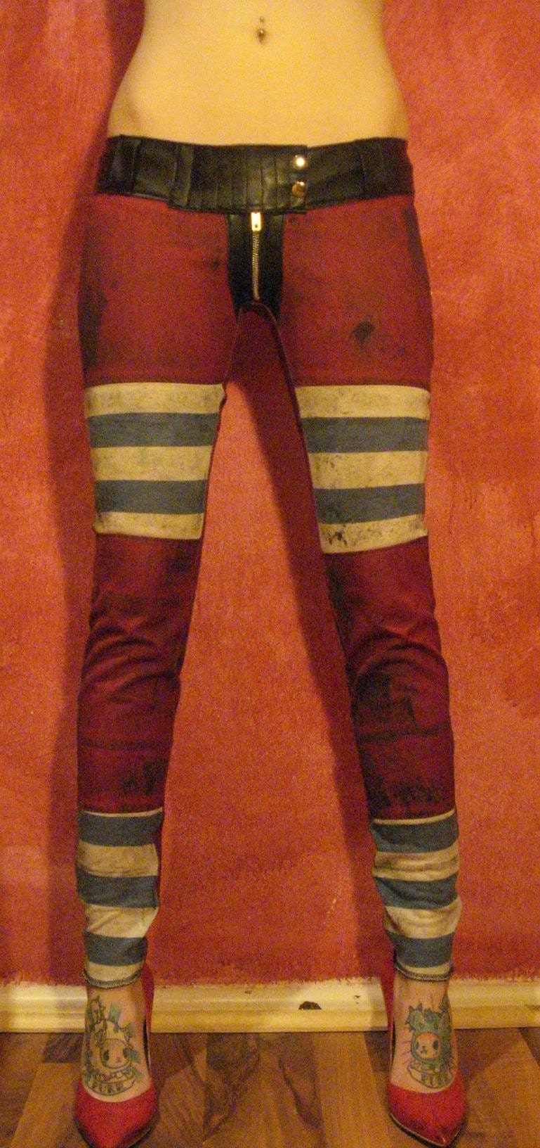 Kissin' Bombs red stained pants with stripes and faux leather