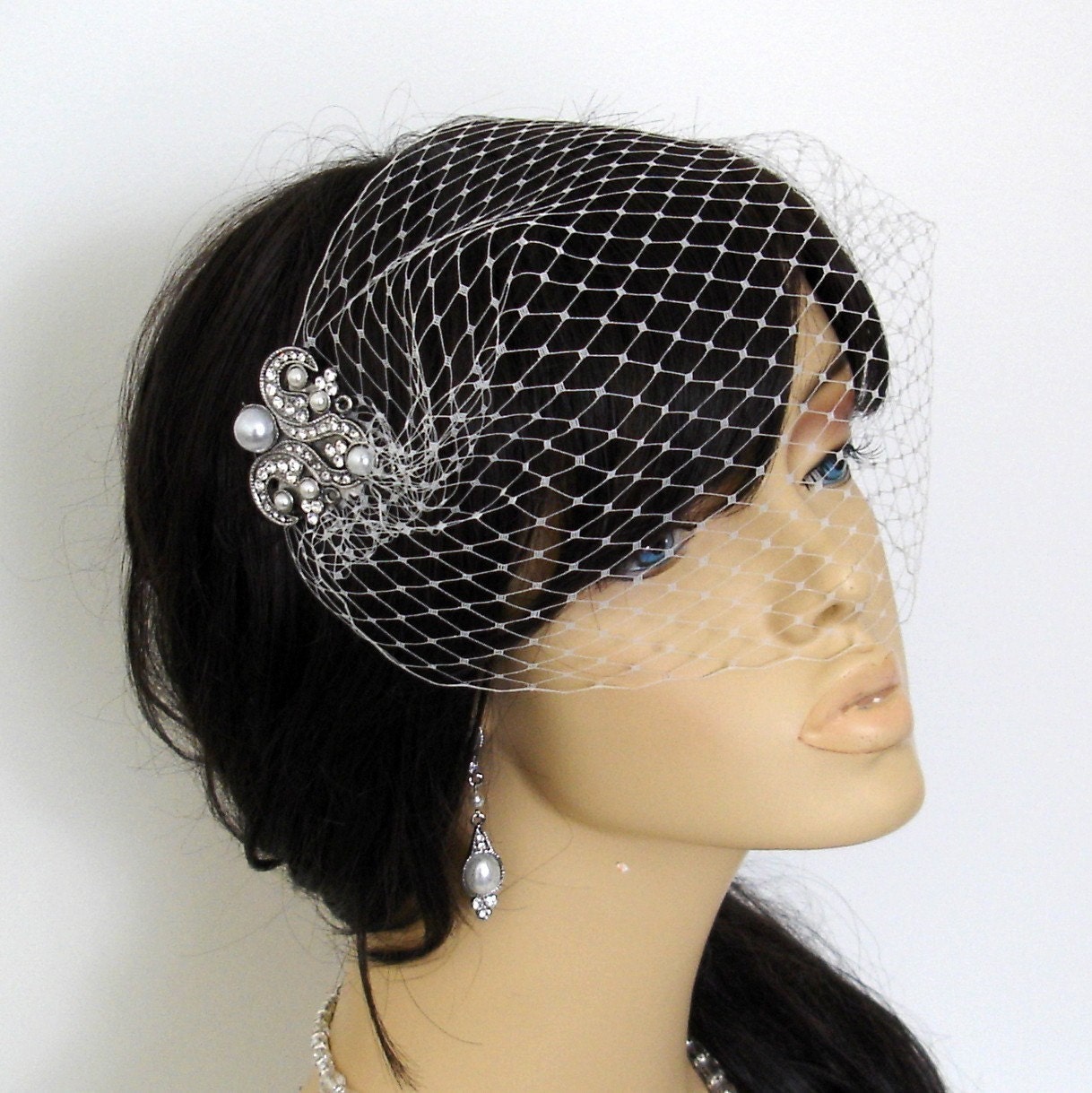 EDITH BIRDCAGE VEIL  hp5043c birdcage veil, veil, russian veil, wedding, bridal hairpiece, crystal, pearl, white, ivory