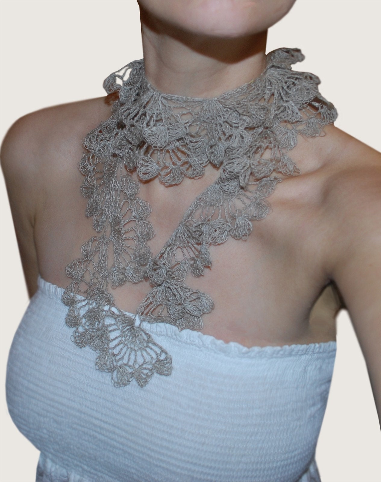 Extra Delicate Lace Crochet Linen Lariat. Natural Grey.