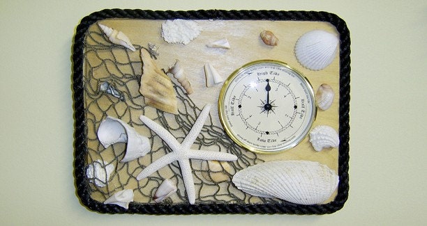 Clock, Wood with Seashellsl-Fishnet Accents, Handmade in New York