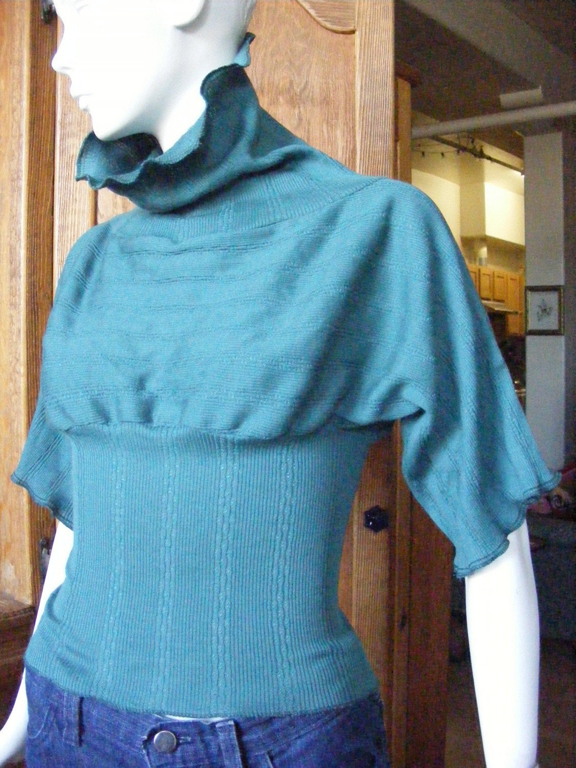 the Kore Cowl Knit Top in green -short or 3/4 sleeve