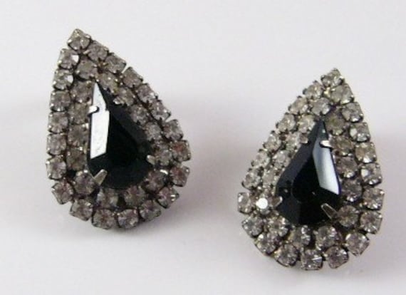 Vintage Clear and Black Sparkling Rhinestone Teardrop Pierced Earring