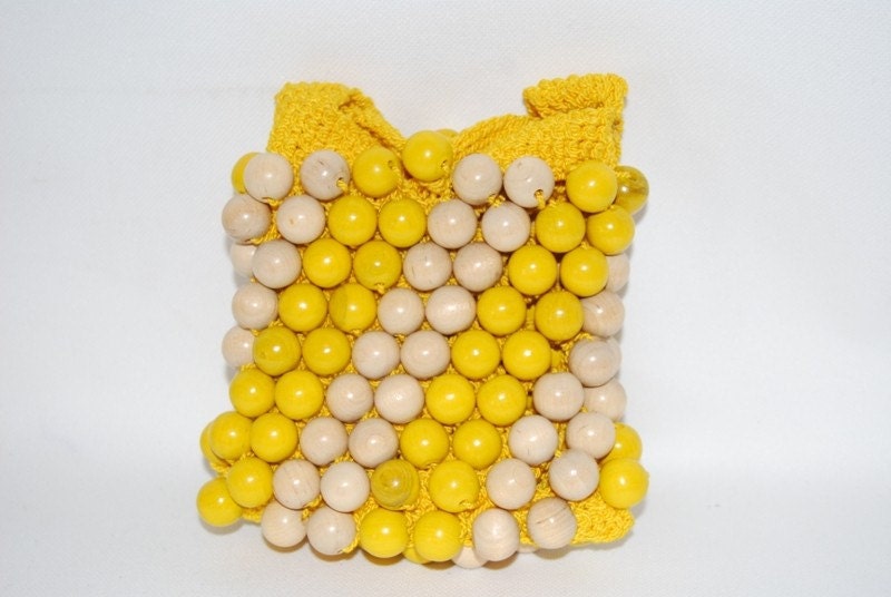 Small Yellow Crochet Purse with Wood Beads