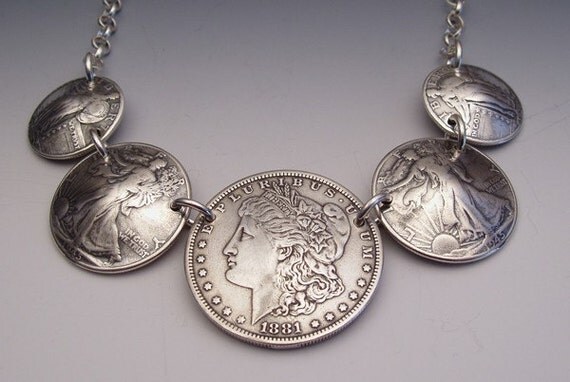 5 Coin Lady Necklace made from US silver coins including dollar