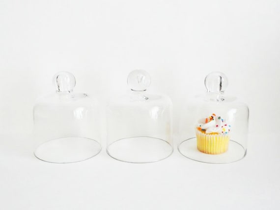 Three Small Vintage Glass Cloches or Domes for specimen or dessert display