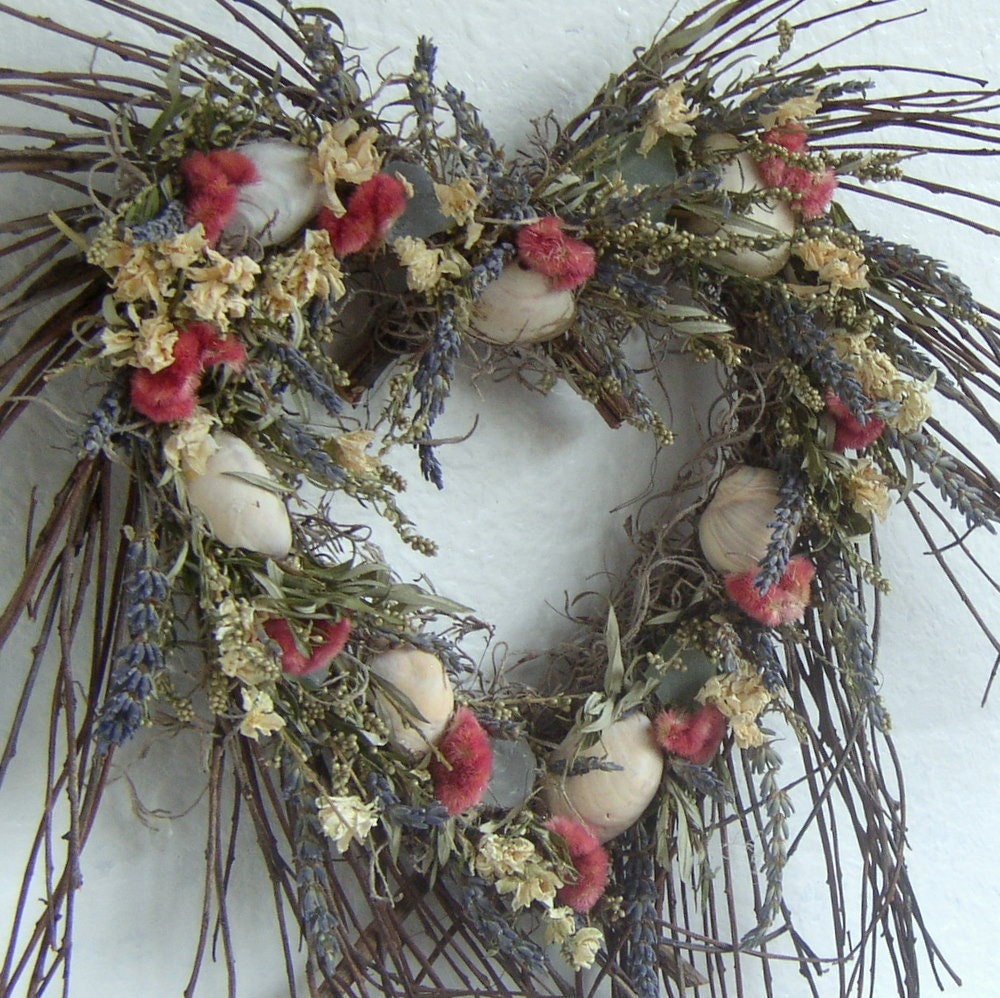 Heart Twig Wreath with Dried Flowers and Sea Shells
