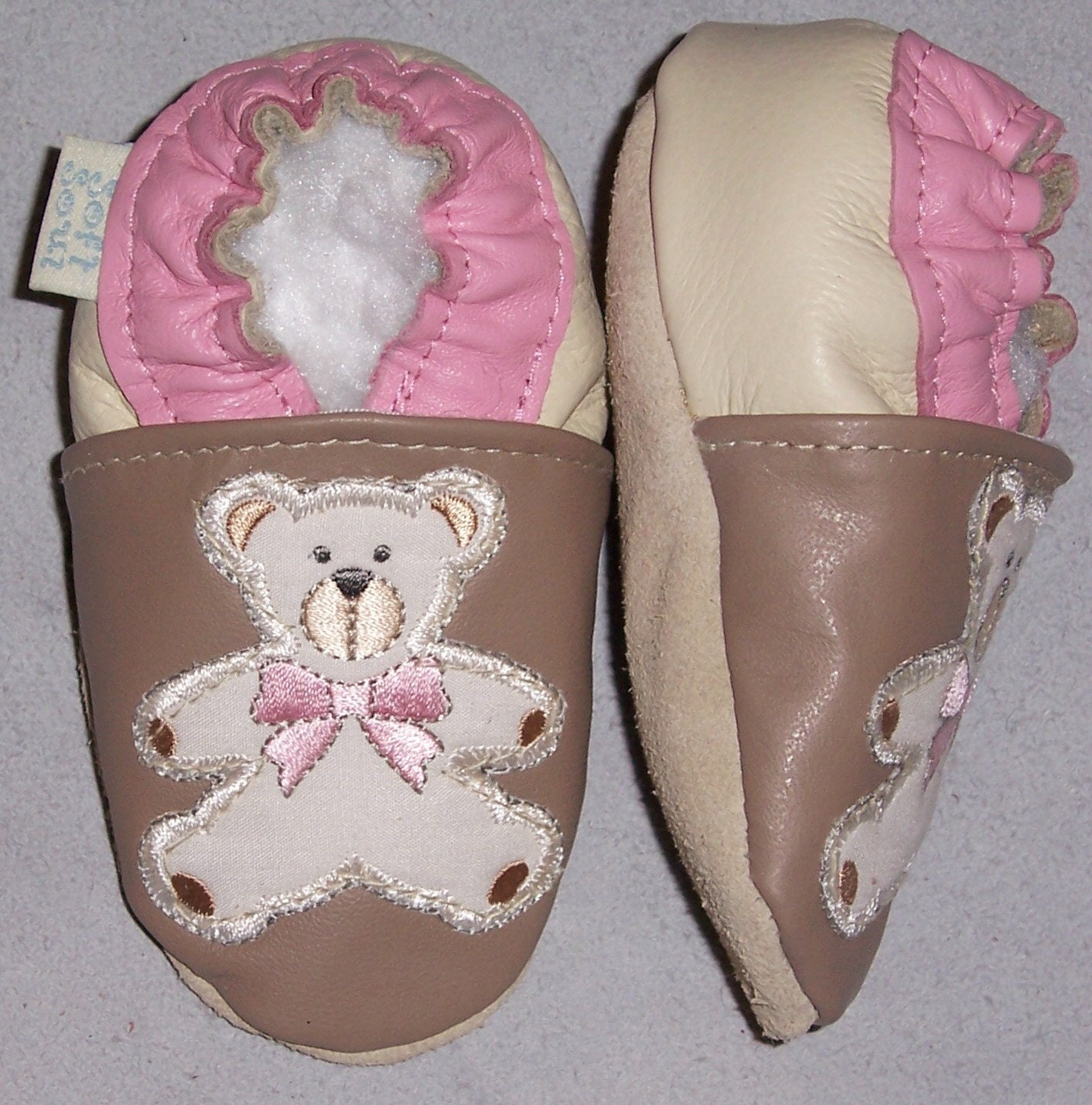 moxies LEATHER baby soft soles shoes 3 tone teddy bear 0-6 HANDMADE IN CANADA