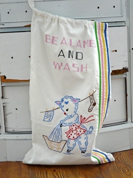 Retro Vintage Inspired Embroidered Laundry Bag Be A Lamb and Wash