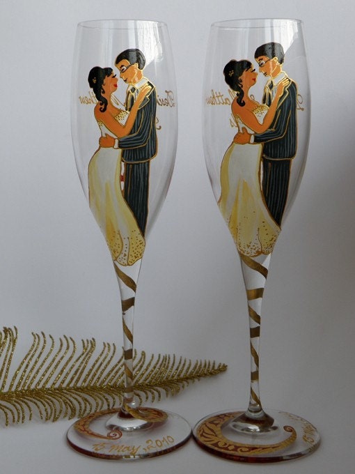 Hand painted personalized glass wedding flutes Wedding portrait - Wedding valse gold