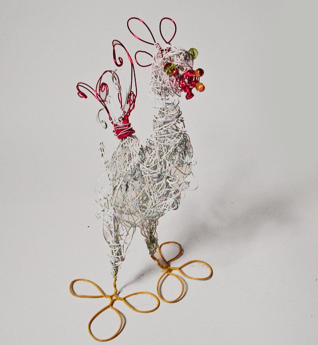 Large Crimson and White Wire  Rooster Sculpture
