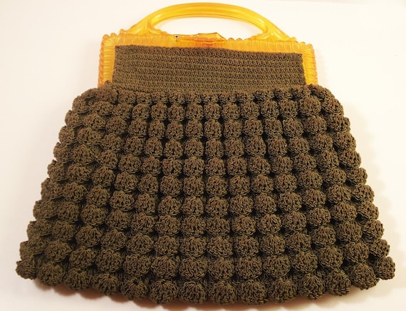 Vintage Green Corded Crocheted Purse with Amber Plastic Handle
