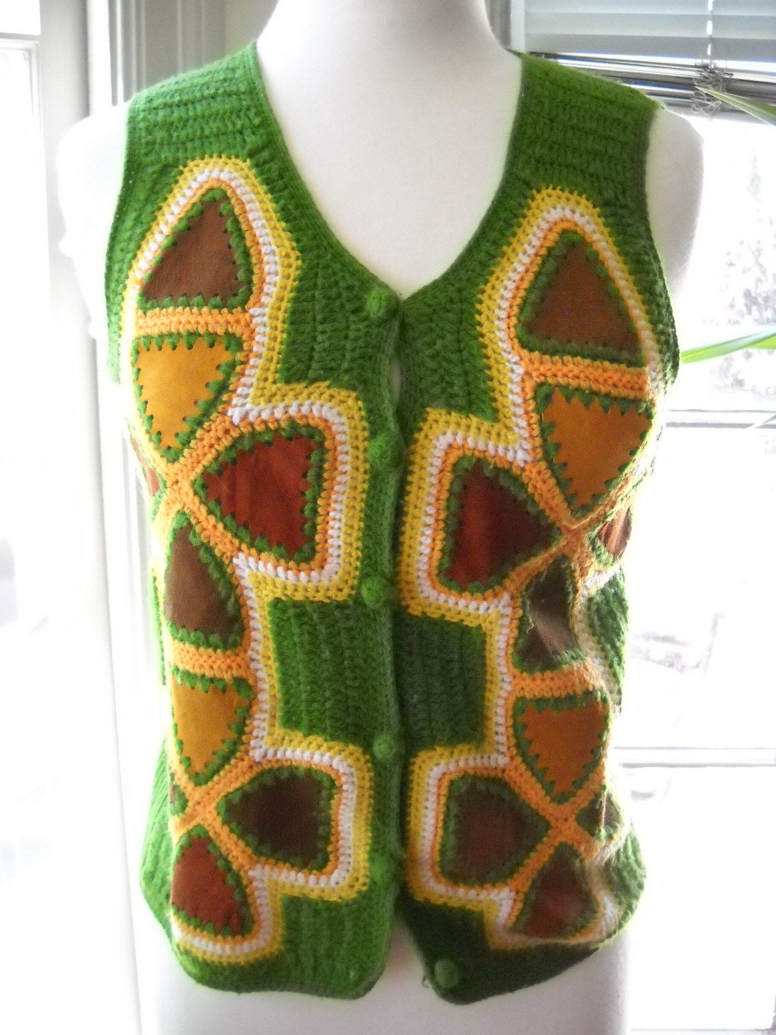 Vintage Olive Green knit patch hippie chic boho vest sm