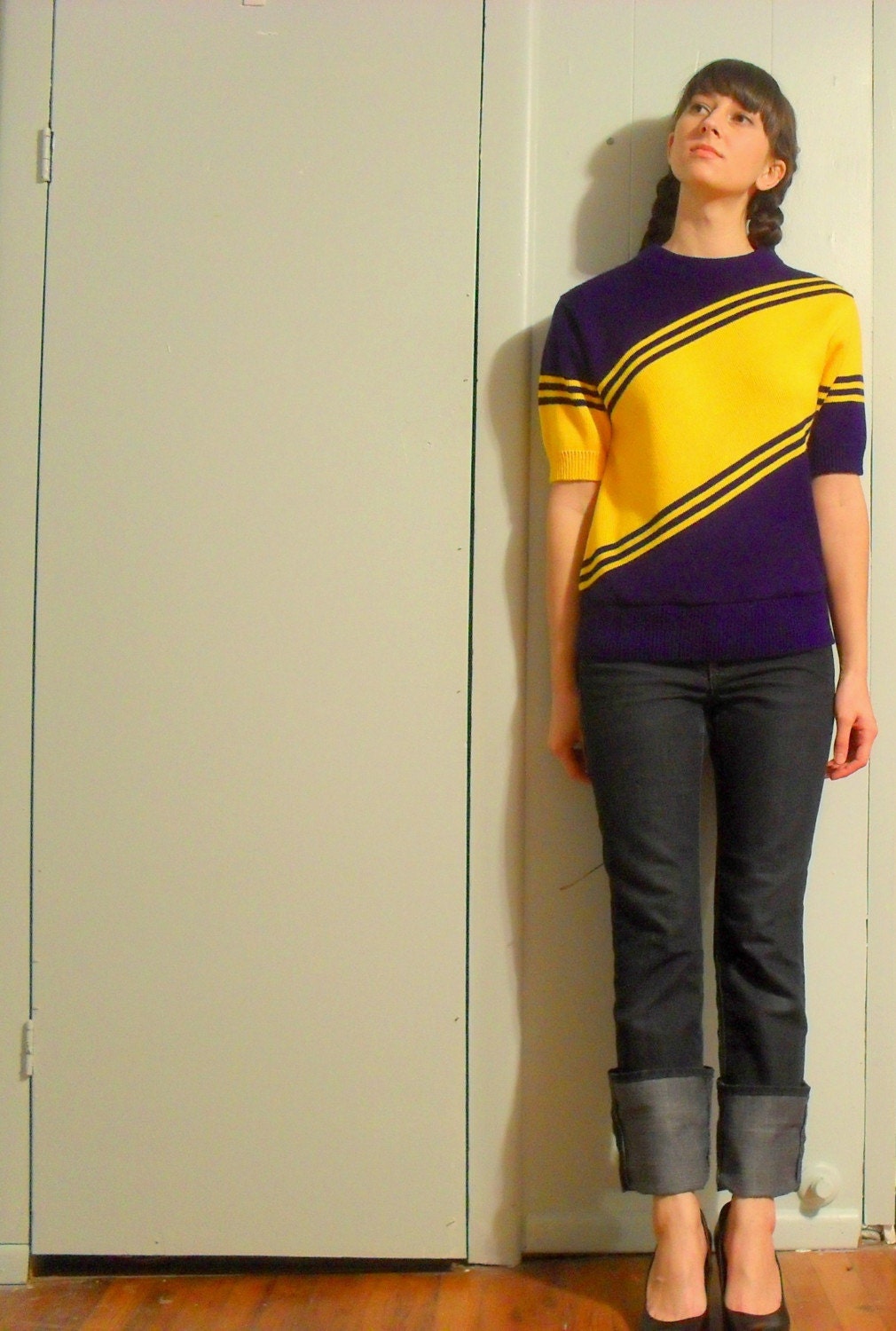 Vintage 80s cheerleader gold and purple short-sleeved sweater