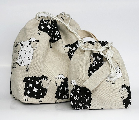Set of 2 LUCKY SHEEP Knitter Project Bags. LARGE and MINI.... Special KnitterBag design.