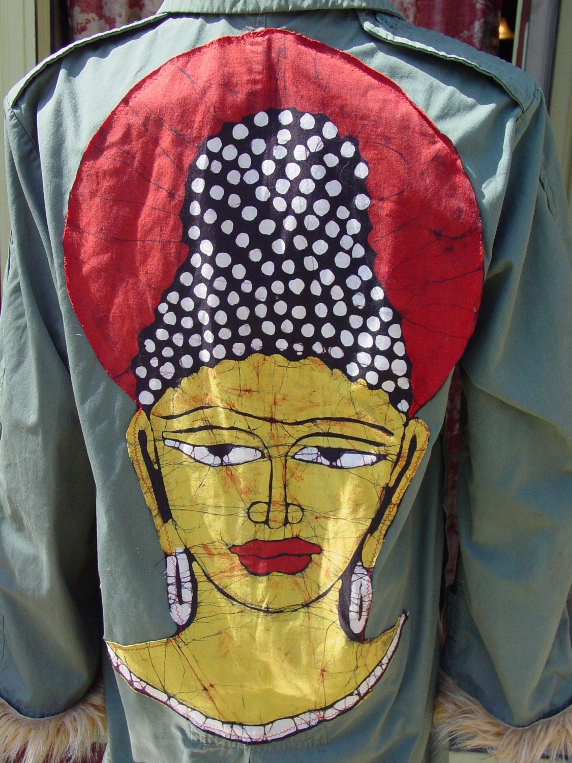 Altered  long army jacket budha batik with  racoon faux fur by C. Reinke