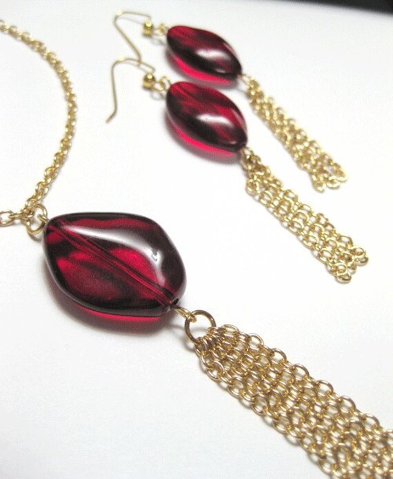 SALE Red Chains Necklace and Earrings Set