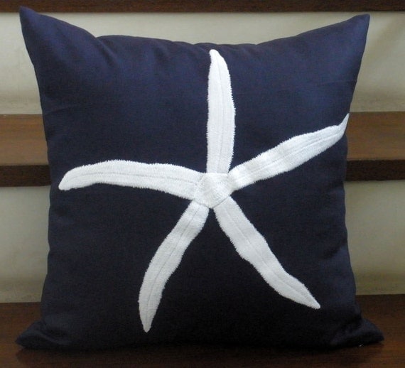 Navy Blue Linen and Nautical White Star Fish  Embroidery Pillow Cover