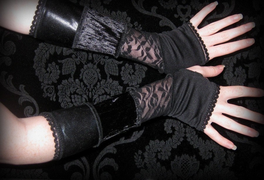 Black Lace velvet, and shiny pvc Arm Warmers gloves with thumbhole
