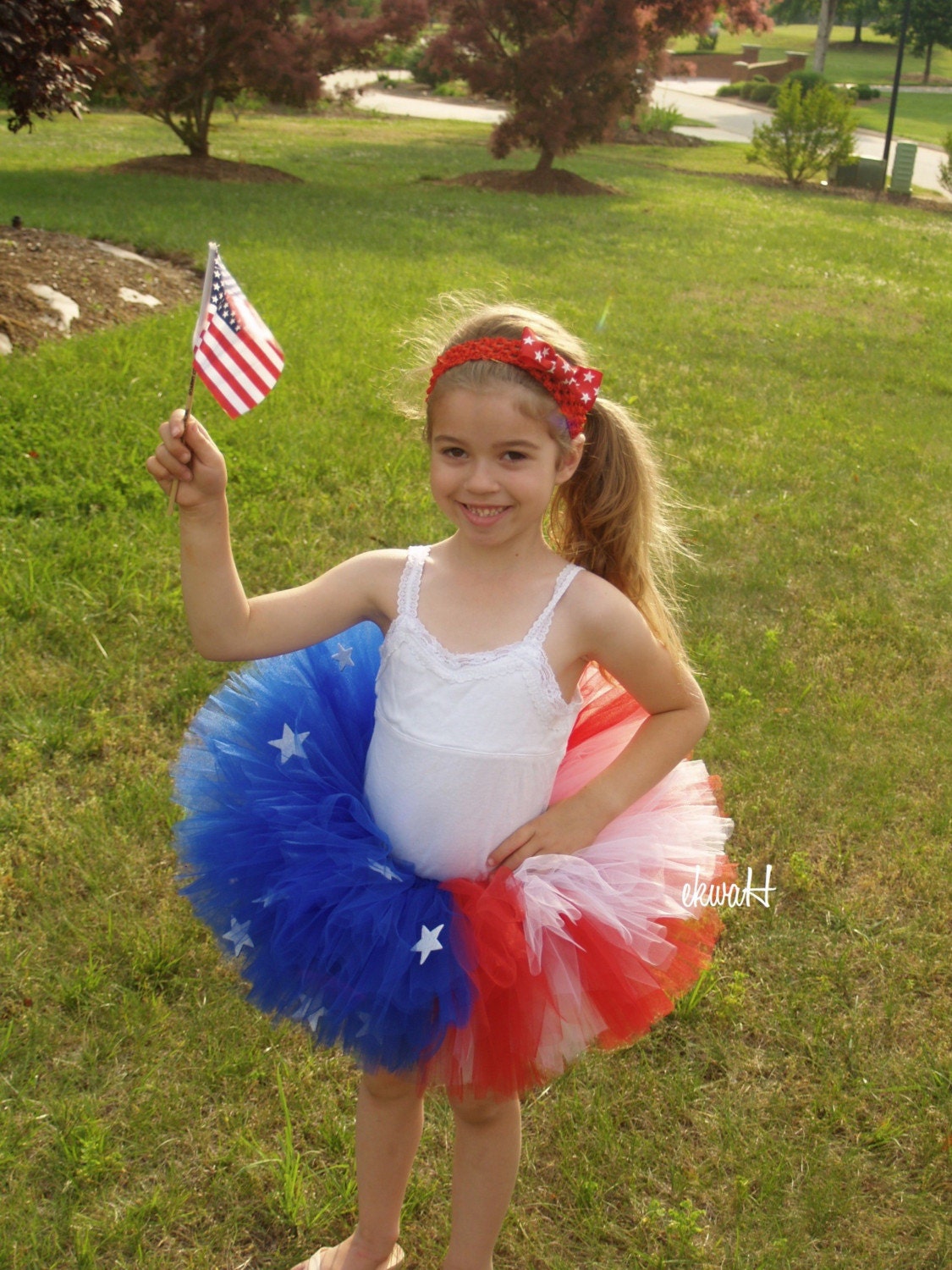 American Flag Sewn Tutu with crochet headband and matching bow