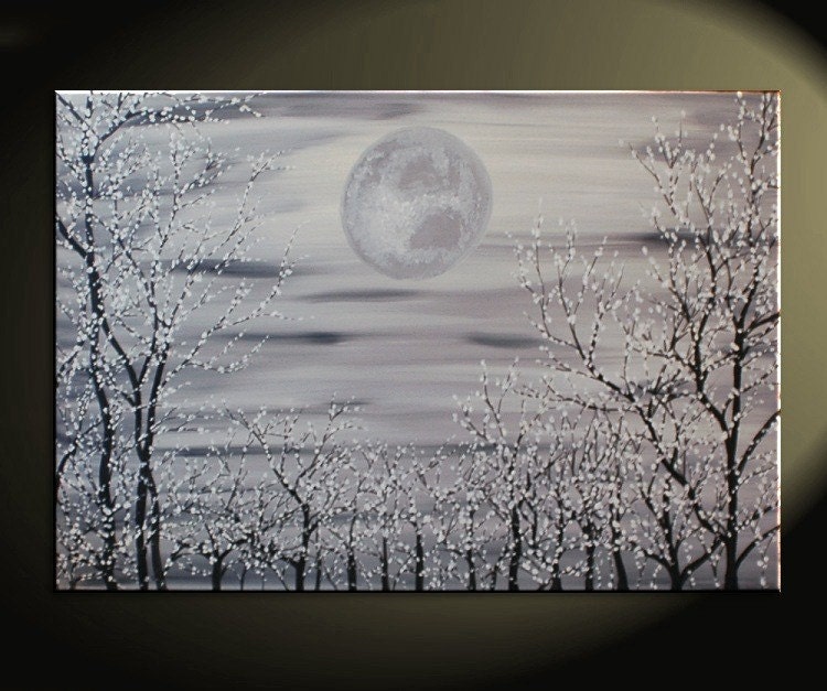 36x24 Monochrome Cherry Blossom Trees Painting Original Blooming Forest and Huge Moon Black and White Art by Nathalie Van free color customization Available to ship immediately