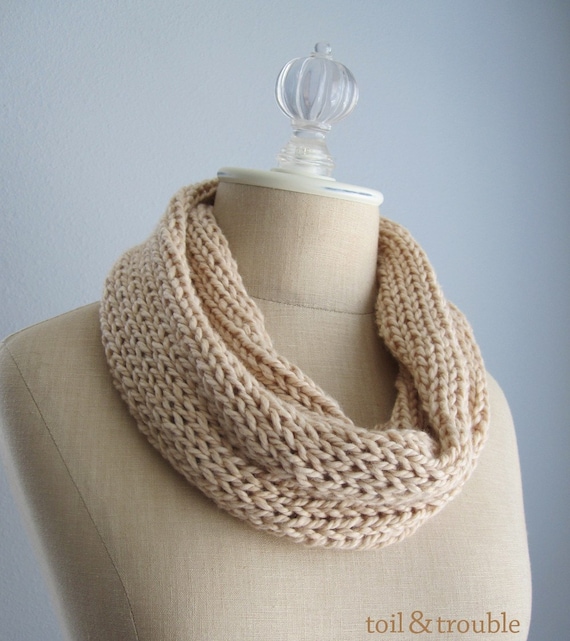 The Neckloop - Handknit Fiber Art Infinity Scarf - Organic Cotton in Nude Sand - Ready to Ship