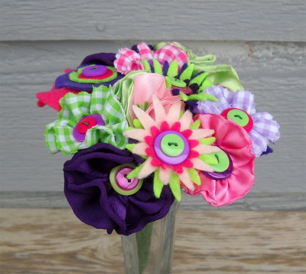 Gingham Fabric Button Bouquet Flower Girl Toss Pink Lime Purple