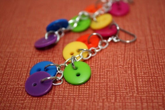 Rainbow Dangly Earrings - Pink Orange Yellow Green Blue Purple Skittles Buttons
