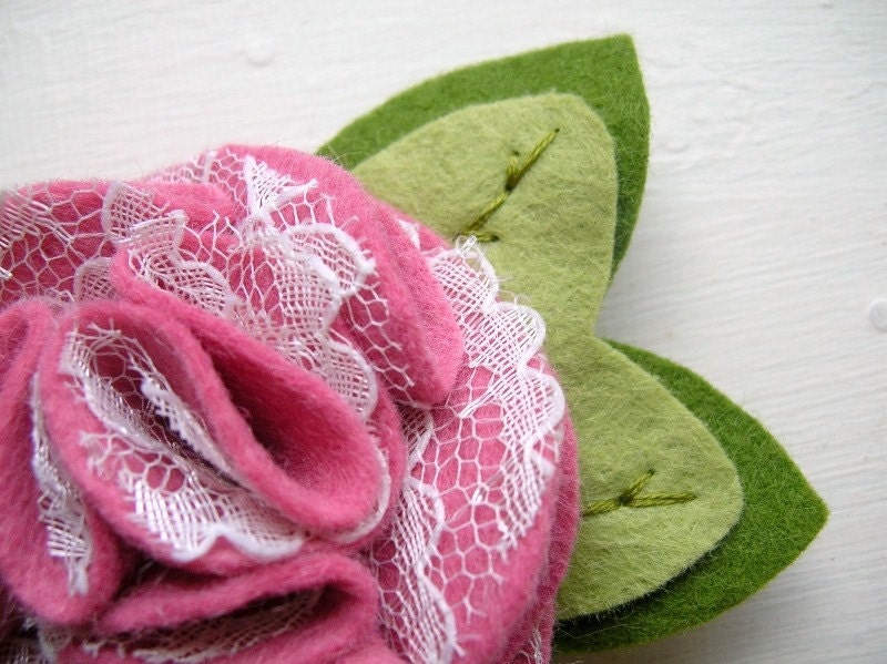 Fancy Pink Carnation - Handmade Felt and Lace Hair Accessory - READY TO SHIP