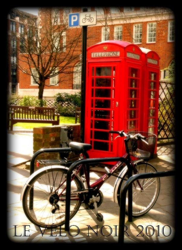 London Calling--Two Phone Boxes and a Bicycle, 5x7 MATTED fine art photograph (fits standard 8x10 frame)