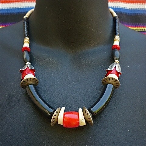 Bellagana - Faux Tribal Necklace w. Coral, Trade Beads, and Silver