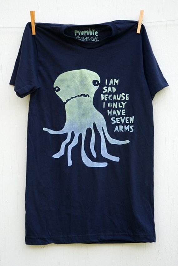 Sad Seven-armed Octopus - hand printed navy unisex t-shirt