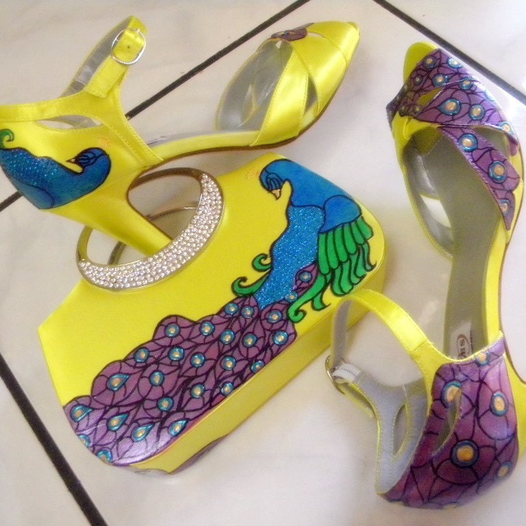 Shoes Bridal and matching Clutch CHARTREUSE Set Painted purple peacock