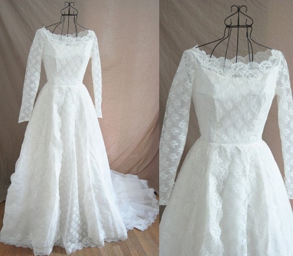 vintage 50s Alfred Angelo Couture Ivory Lace Illusion Princess Full Length Bridal Wedding Ball Gown Sz S