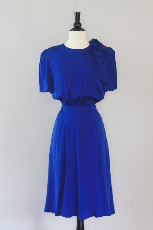 Vintage Designer Albert Nipon Dress Royal Blue Rayon Silky Bow Button Gorgeous Luxurious Detail