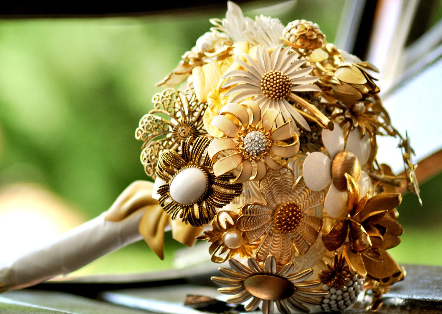Wedding Brooch Bouquet - Elegant Gold and White Flowers with Rhinestones and Butterfly