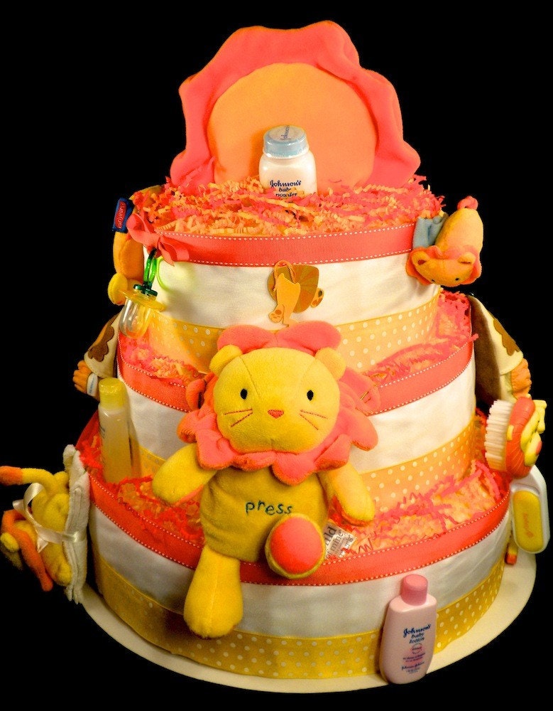 3 Tier Lion Baby Shower Diaper Cake Centerpiece Gift Lion Hearted Luxe Loaded Jungle Safari